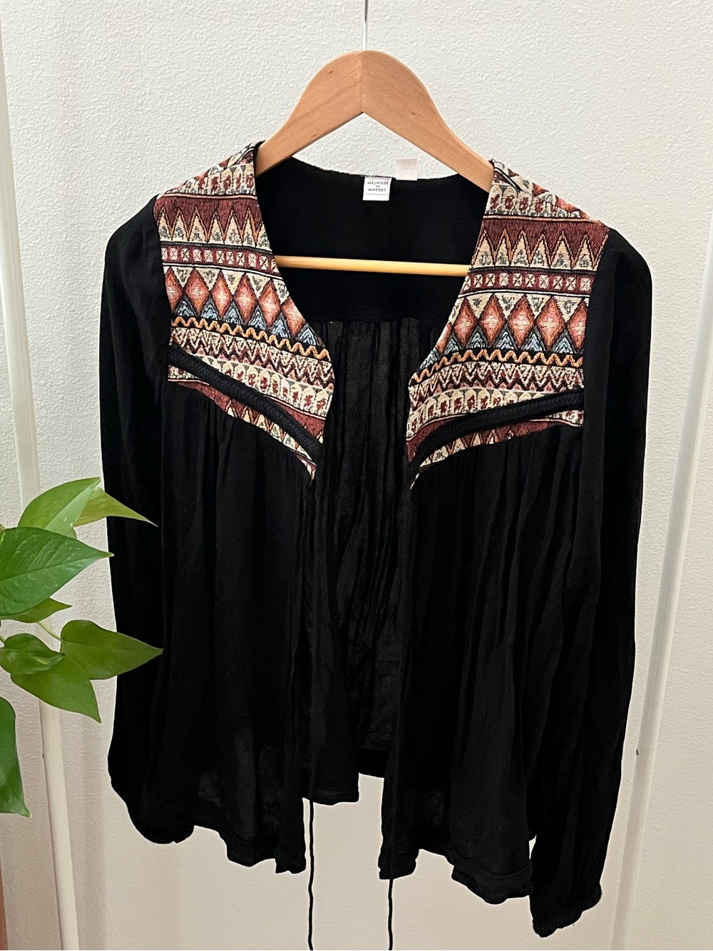 Melrose and Market Black Open Cardigan with Rust and Cream Embroidered Yoke